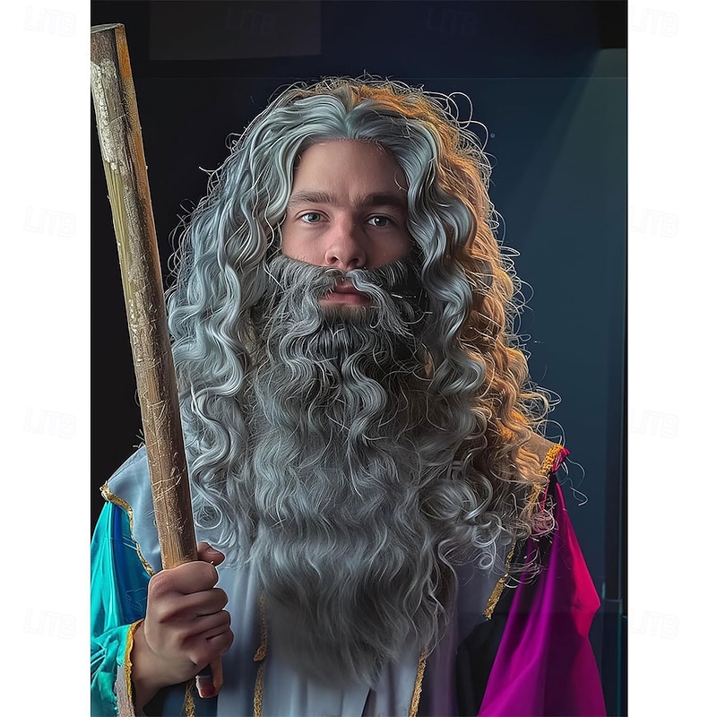 Grey Wizard Beard And Wig - Halloween Funny Father Time Costume Accessory for Adults2