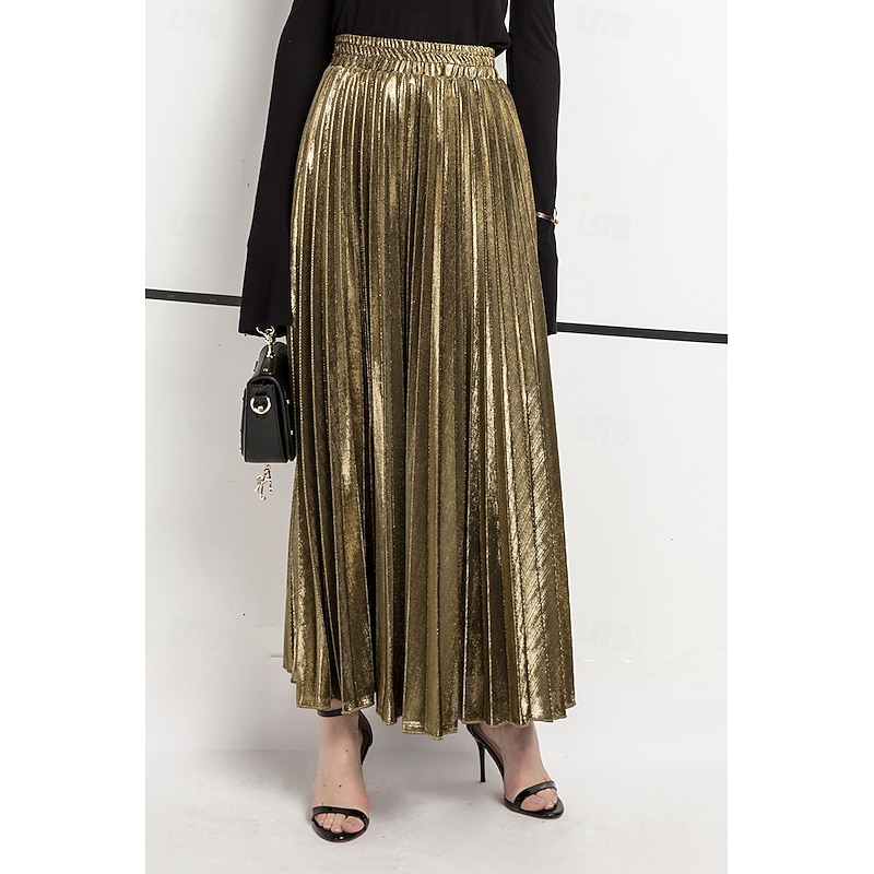 Women's Skirt Fashion Casual Maxi High Waist Skirts Plain Pleated Micro-elastic Casual Daily Weekend Silver Black Golden Red Summer Polyester4