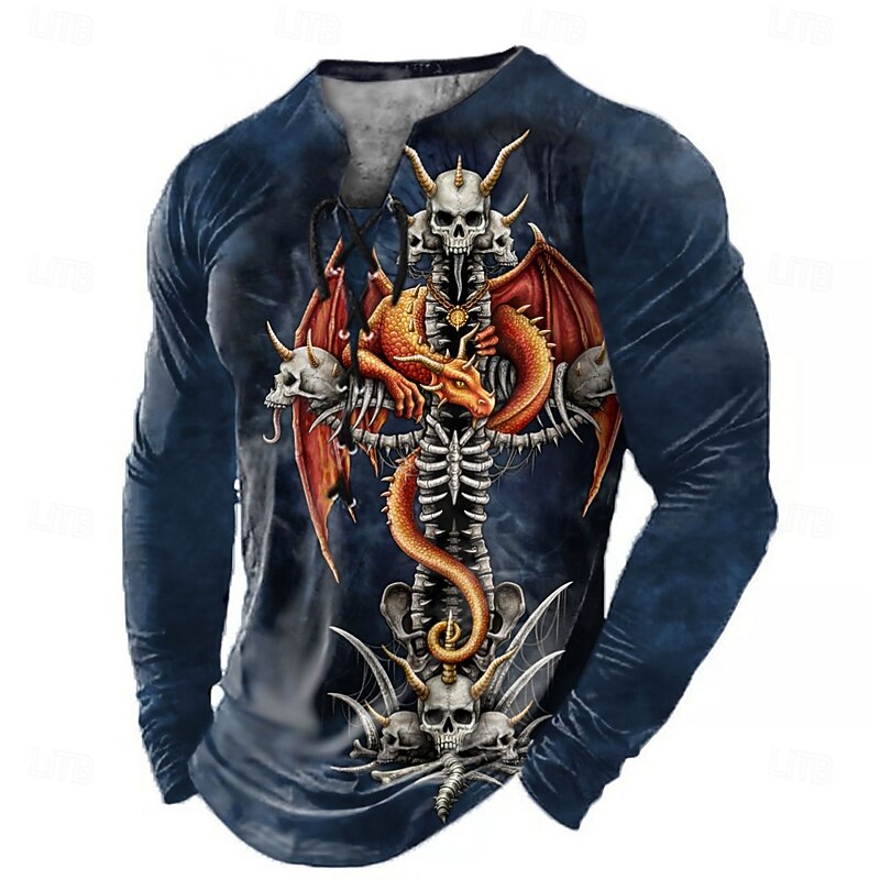 Sarah Richter Halloween Men's Skull 3D Henley Shirt T shirt Tee Long Sleeve T shirt 3D Print Lace Up Neck Henley Shirt Fashion Casual Vintage Retro Tee