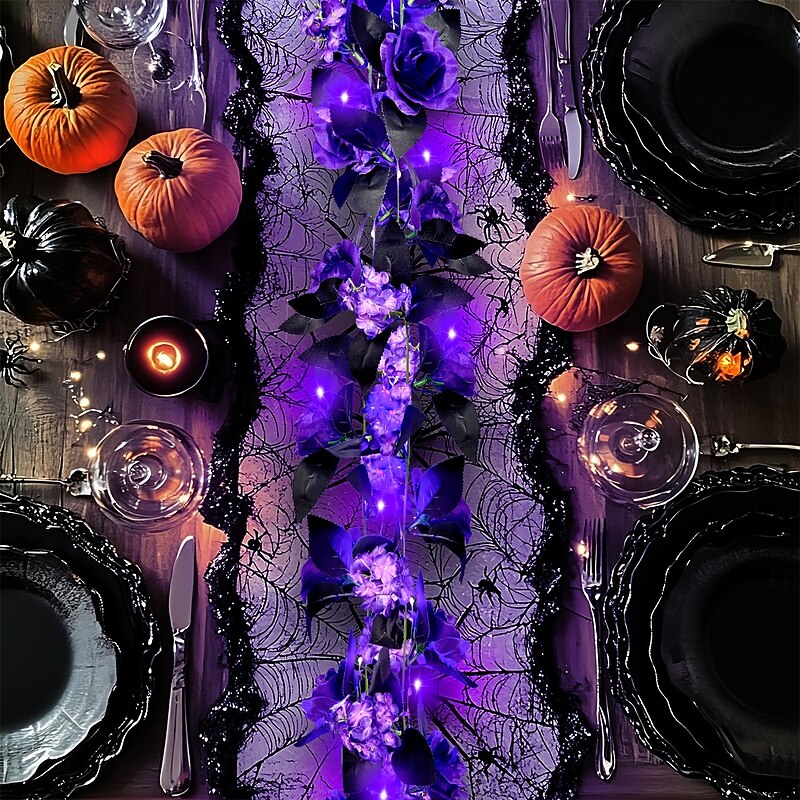 Halloween Purple Rose Vine Garland with LED Lights, Hanging Faux Floral Plant for Party Ceiling Decor, Glowing Halloween Decoration2