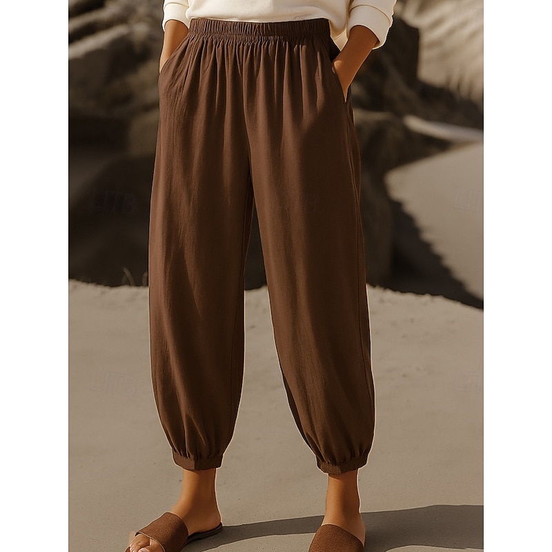 Women's Chinos Harem Pants Vintage Ethnic Style Basic Ankle-Length High Waist Plain Pocket Drawstring Comfort Outdoor Stretchy Vacation Street Daily Black Beige Coffee Summer Spring Regular Fit2