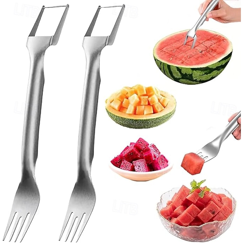 2pcs Watermelon Slicer 2-In-1 Stainless Steel Fruit Slicer 2025 Double Headed Watermelon Fork Slicing Tool Summer Fruit Cutting Household Kitchen Small Tool