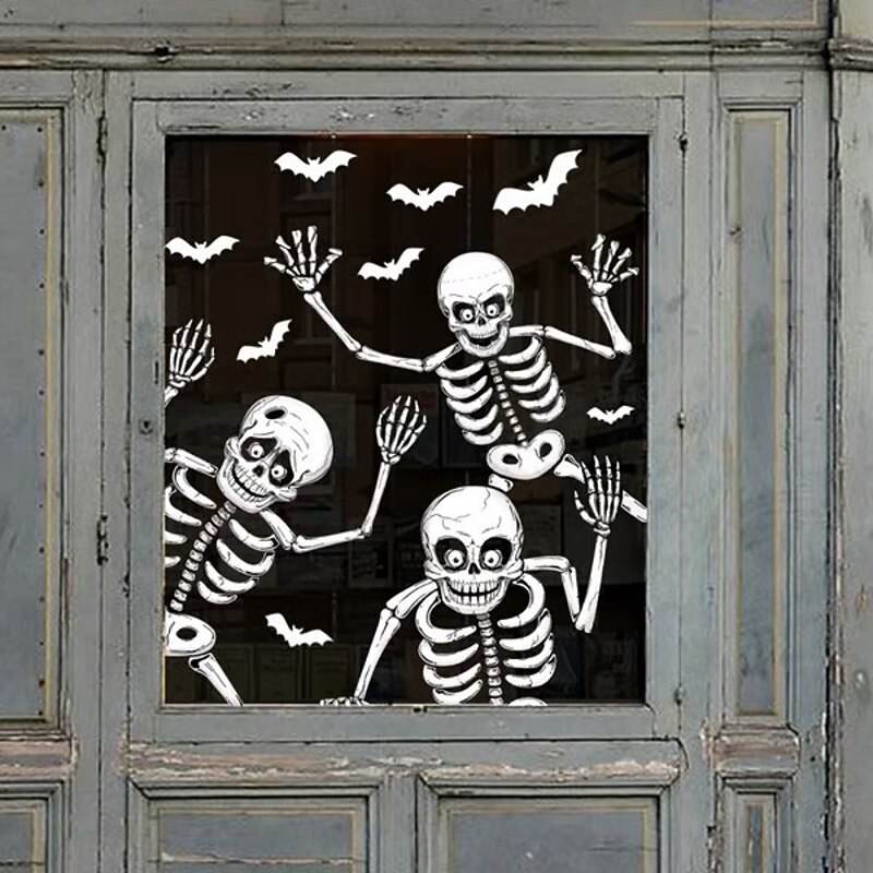 4 Sheets Halloween Skeleton and Ghost Window Decals Wall Sticker, Spooky Skull Pumpkin Spider Door and Wall Clings for Halloween Party Home Window Decorations2