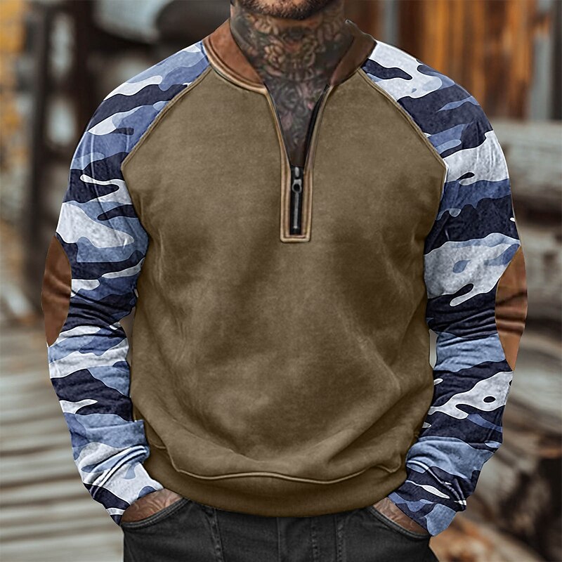 Men's Sweatshirt Quarter Zip Sweatshirt Red Navy Blue Blue Brown Green Half Zip Color Block Camo / Camouflage Half Zip Print Casual Daily Holiday Polyester Vintage Streetwear Casual Fall Winter