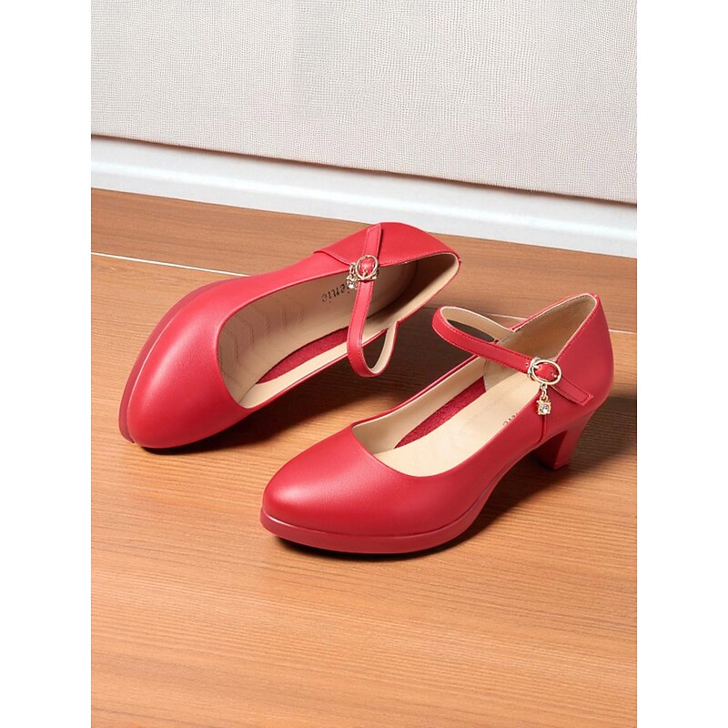 Women's Red Mary Jane Mid Heel Pumps – Classic Round Toe Dress Shoes with Ankle Strap and Charm for Ladies, Ideal for Office, Church, or Semi-Formal Events4