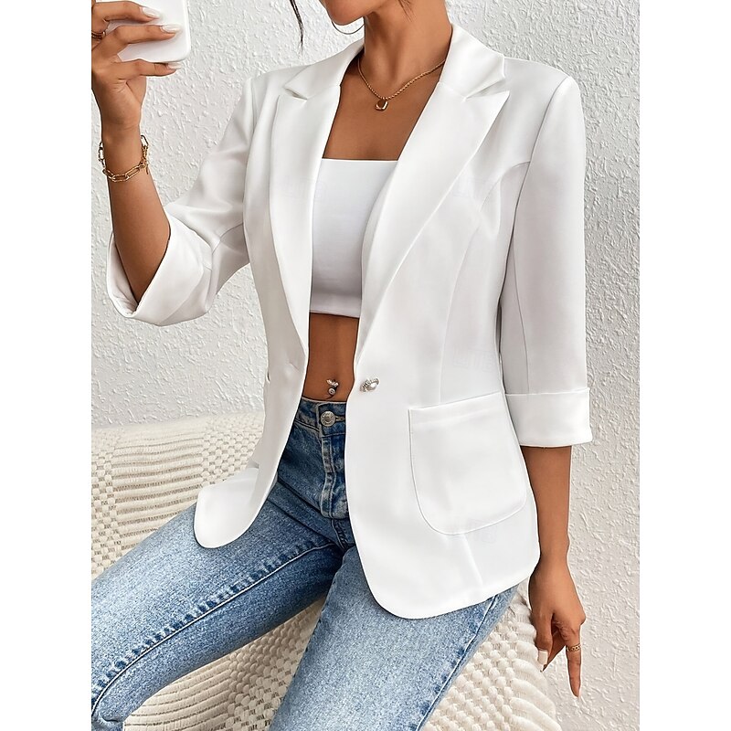 Women's Blazer Comfortable Breathable Pocket Casual Plain Office Street Casual Daily Wear Single Breasted Regular Turndown Regular Fit Long Sleeve Outerwear White Summer Spring3