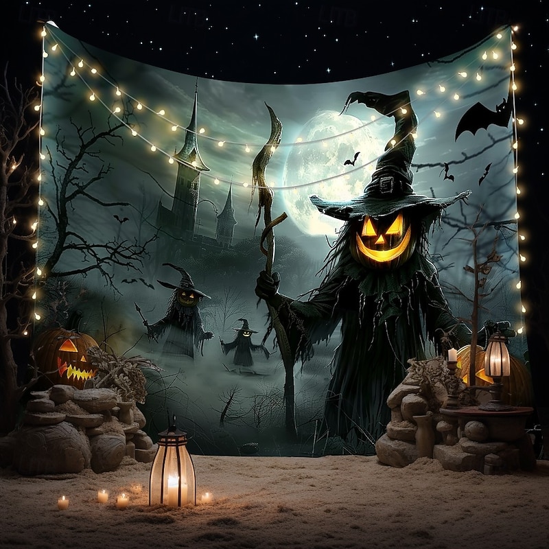 Halloween Scarecrow Wall Tapestry Backdrop – Pumpkin Head Witch with Lantern, Haunted Castle, Full Moon and Bats, Spooky Wall Hanging for  2025 Halloween Home decoration, Party, Photography3