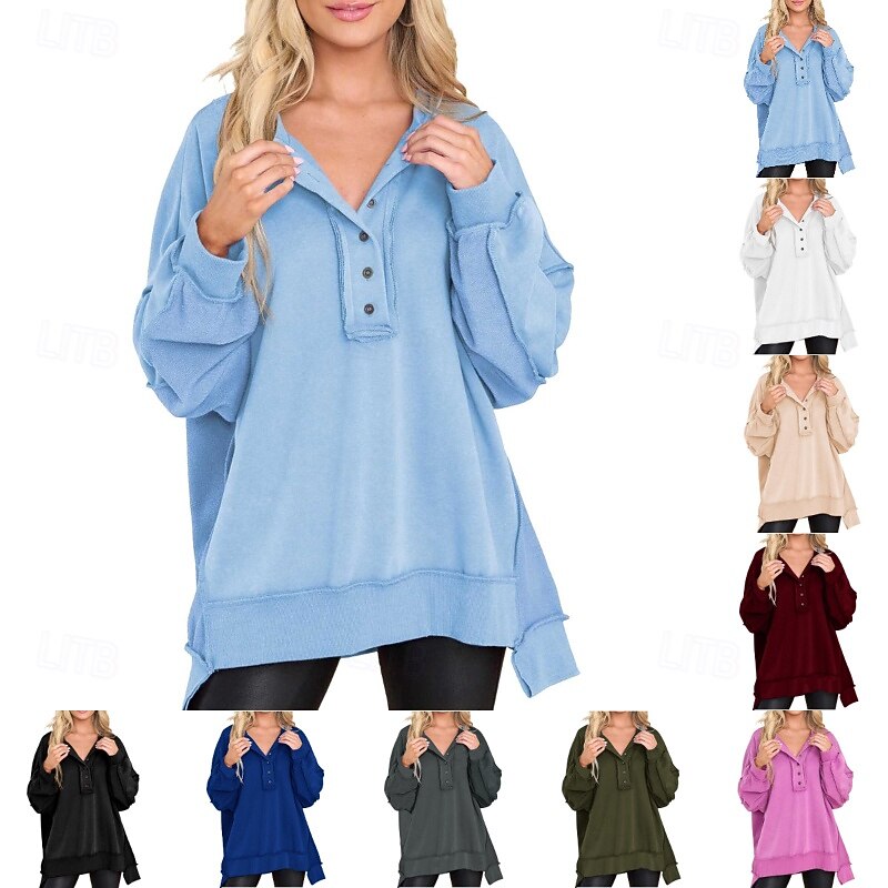 Women's Pullover Sweatshirt Plain Streetwear Casual Long Sleeve V Neck Regular Tops Holiday Going out Buttons Black White Pink Wine Blue Fall Winter