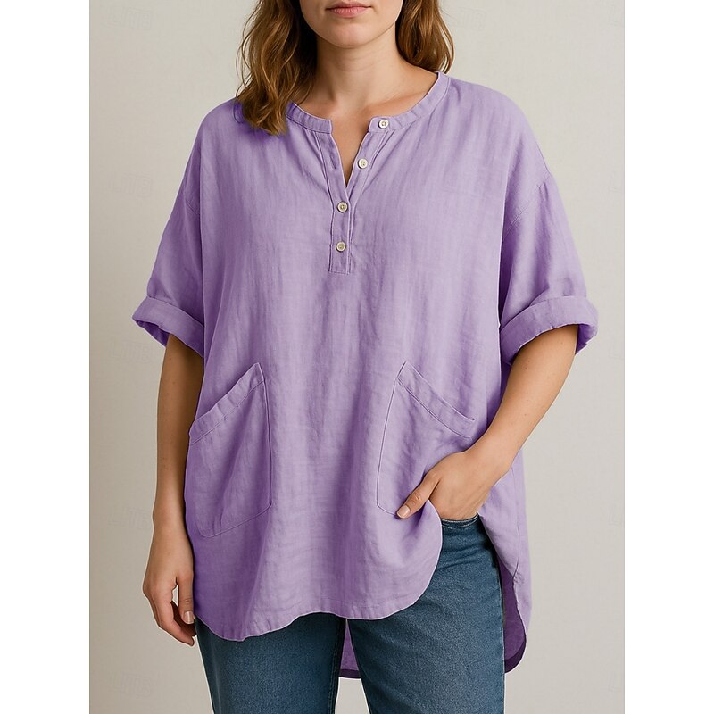 Women's Cotton Linen Shirts Plain Stylish Modern 3/4 Length Sleeve V Neck Regular Tops Daily Holiday Pocket Buttons Print Yellow Sky Blue Purple Khaki Summer Spring Fall3