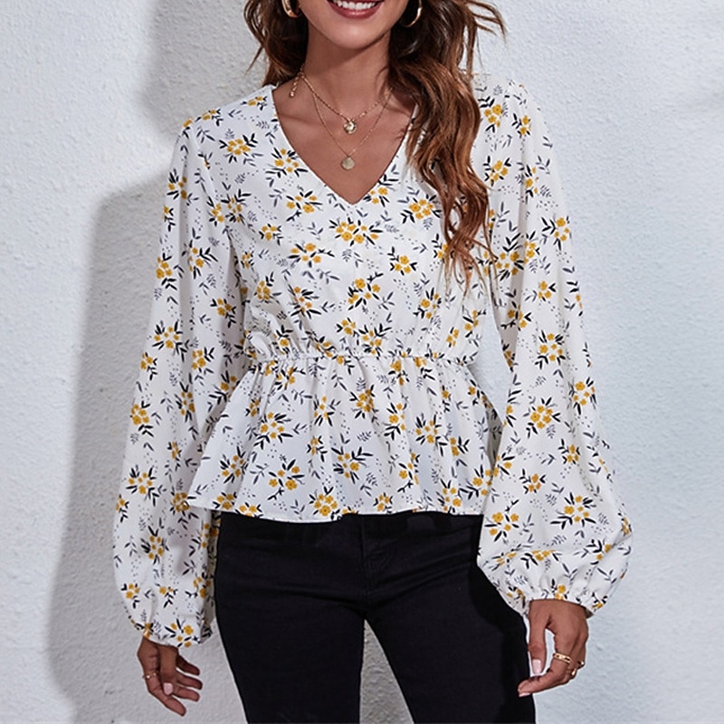 Women's Summer Tops Floral Daily Stylish Basic Long Sleeve Lantern Sleeve V Neck Regular Tops Work Daily Holiday Print White Summer Spring2