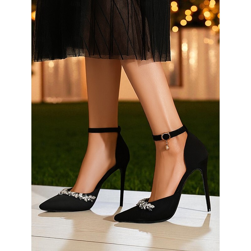 Women's Black Satin Pointed Toe Stiletto Heels with Crystal Embellishments and Ankle Strap - Elegant Party Shoes for Cocktail and Evening Events4