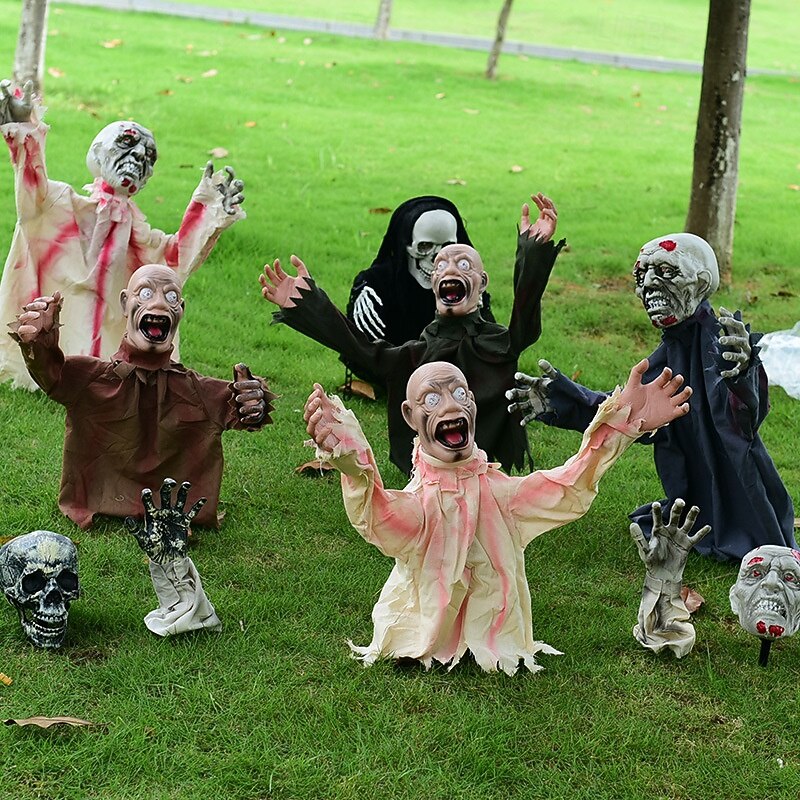 1pc Halloween Groundbreaker Zombie Lawn Stakes, Large Motion-Activated Sound Control Scary Props, Traditional Style, Plastic And Denim Material, Outdoor Spooky Decorations