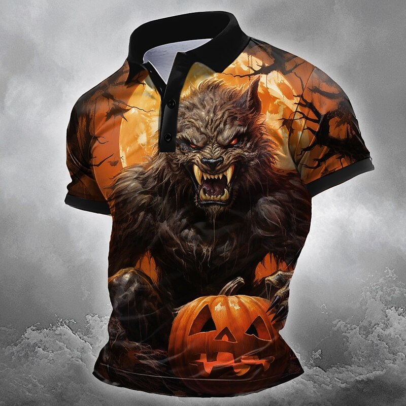 Halloween Men's Animal Polo Short Sleeve Polo Shirts Collared Shirts Casual Horror Dark Athleisure Festival Outfit 3D Print Buttons Summer Black Orange2