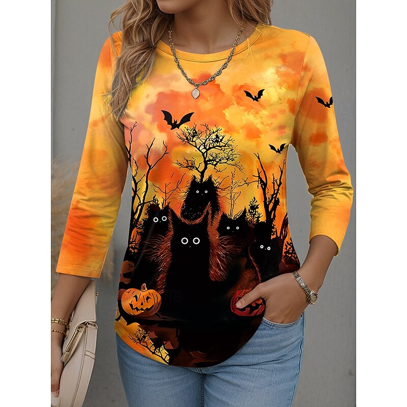 Halloween Women's T shirt Black Cat Long Sleeve Graphic Stylish Modern Long Sleeve Crew Neck Regular Tops Daily Weekend Print Black Yellow Orange Spring Fall Winter Prefall