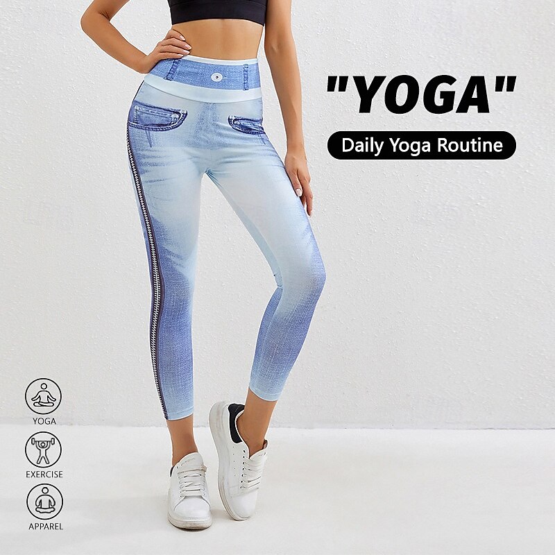 Women's Denim Print Fake Jeans Yoga Leggings Tummy Control High Waist Gym Dance Athletic Bottoms Blue Light Blue Gray Fall Sports Activewear Tight Fit