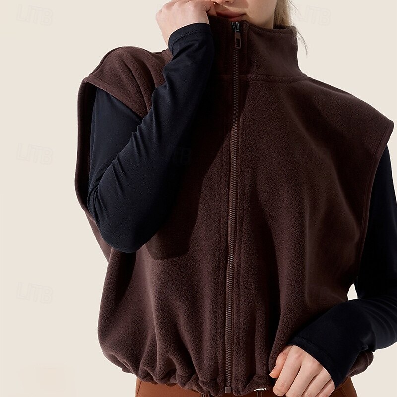 Women's Outerwear Stand Collar Windproof Lightweight Warm Full Zip Sleeveless Sports Solid Color Top For Outdoor Running Yoga Classic Fit Activewear