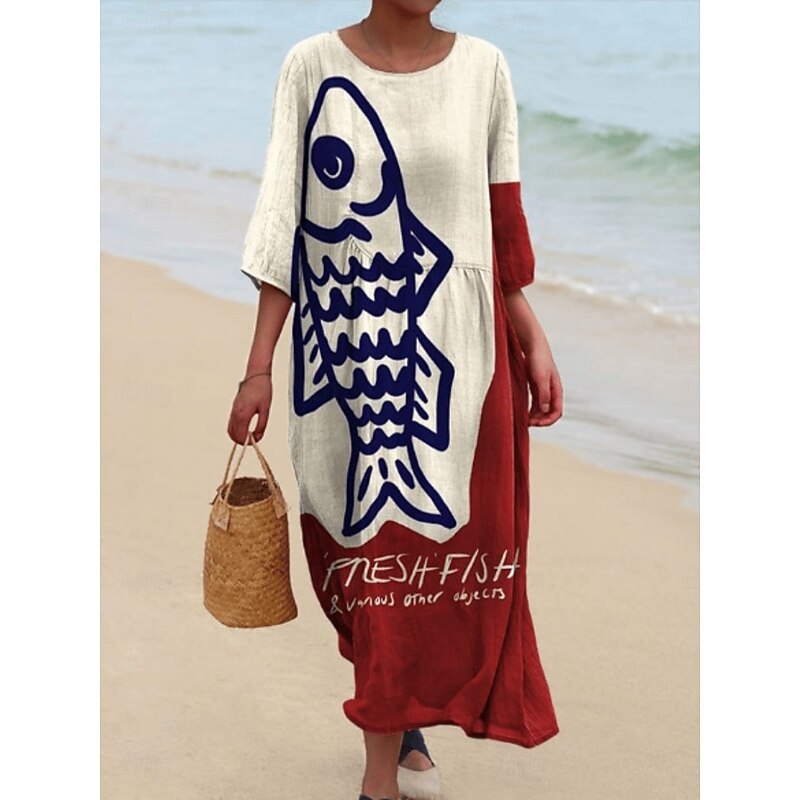 Women's Midi Dress Casual Dress Print Dress Fashion Modern Daily Beach Weekend Regular Fit Fish 3/4 Length Sleeve Crew Neck Yellow Red Blue Spring Fall Autumn3