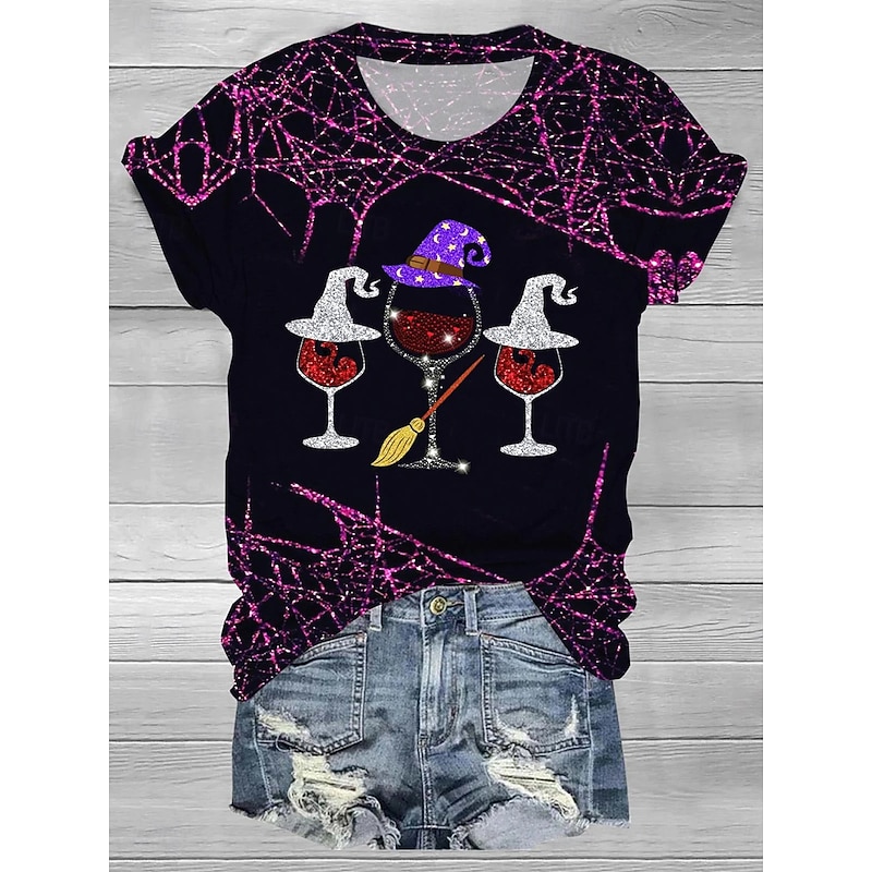 Halloween Women's T Shirt Graphic Wine Glass Modern Casual Trendy Short Sleeve Round Neck Regular Tops Daily Going out Weekend Print Purple Orange Summer Fall