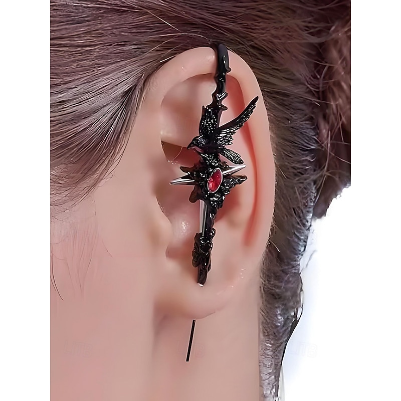 Women's Gothic Raven Ear Cuff with Red Gem – Halloween Alloy Statement Jewelry for Parties, Cosplay and Night Events
