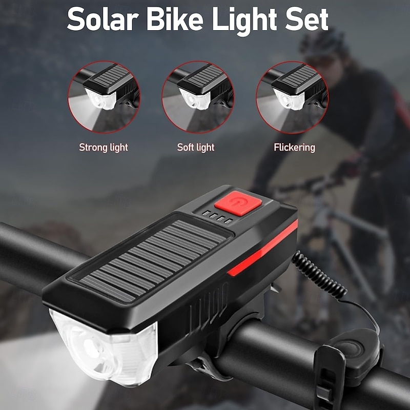 Rechargeable Solar Bike Lights, Night Ultra Bright Bicycle Lights Headlight and Back Taillight with Electric Bell, Easy to Install Waterproof, Road and Mountain LED Bike Lights3