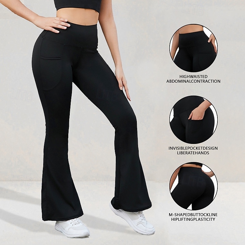 Women's Flared Pants Fleece Yoga Leggings Tummy Control High Waist Gym Dance Athletic Bottoms Solid Color Black Sports Activewear Tight Fit2