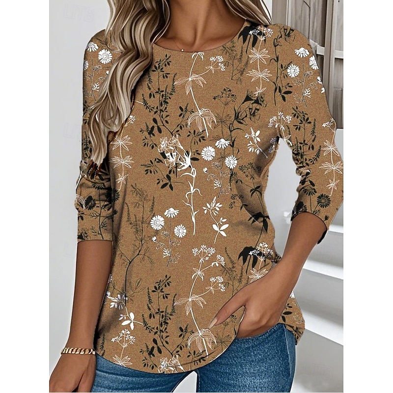Women's T shirt Long Sleeve Crew Neck Long Sleeve Tunic Floral Graphic Vintage Stylish Classic Round Neck Regular Tops Daily Print Blue Brown Gray Fall Prefall2