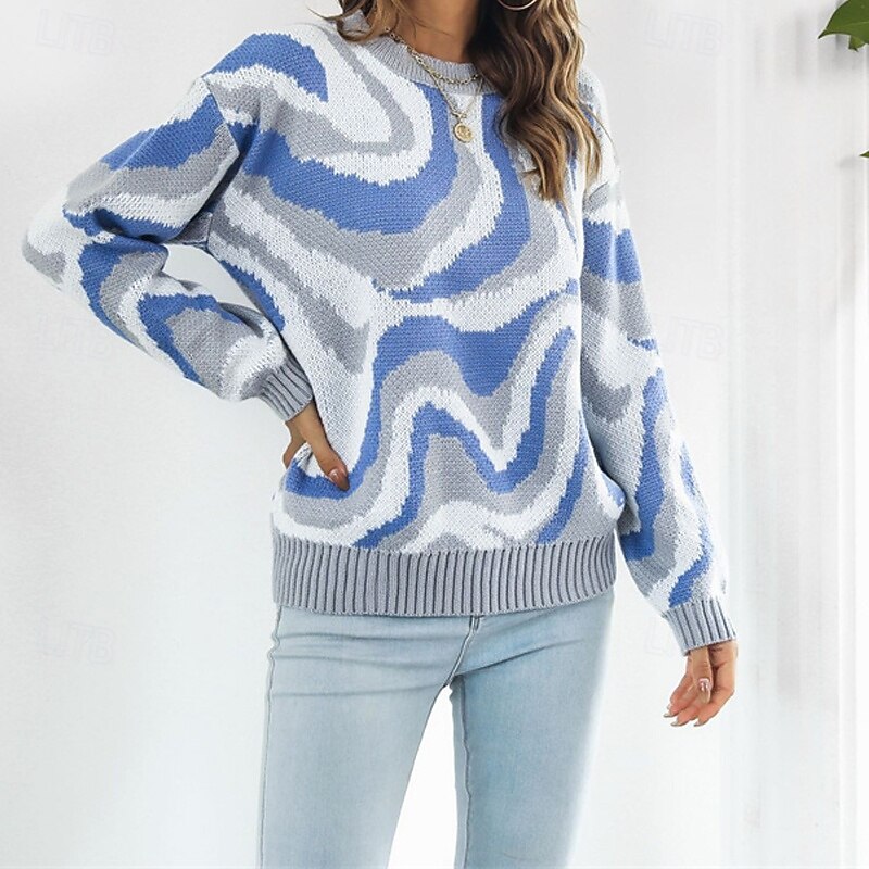 Women's Pullover Casual Color Block Chunky Crew Neck Knitted Long Sleeve Regular Tops Knit Daily Holiday Going out Black Blue Fall Winter2