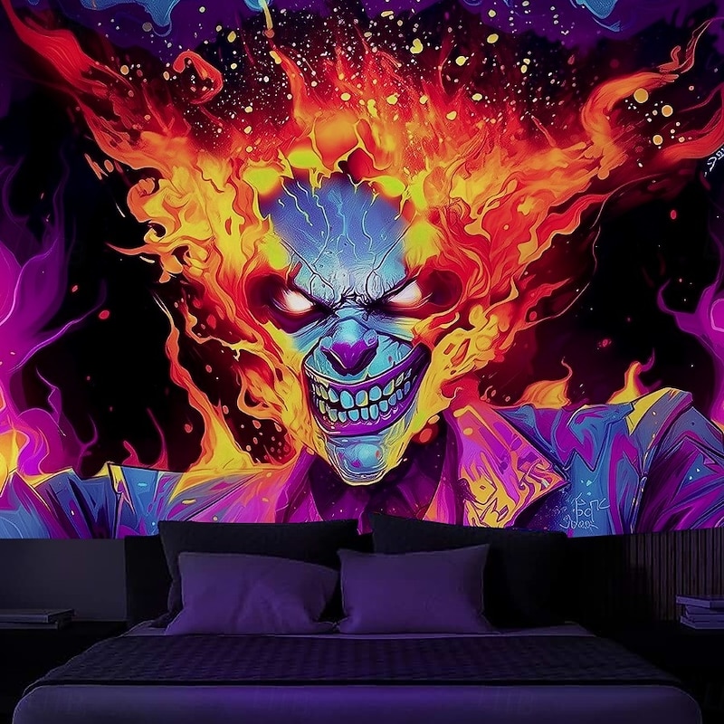 Halloween Blacklight Wall Tapestry – UV Reactive Evil Clown with Fiery Hair Explosion, Neon Colors Scary Gothic Horror Scene, Glow in the Dark Wall Hanging for 2025 Halloween Party Decoration
