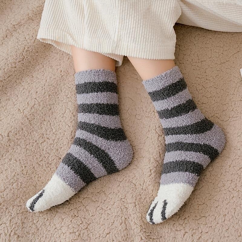 3 Pairs Cute Cat Claw Socks Fuzzy Coral Fleece Winter Warm Sleep Socks for Women Cozy Mid Calf Thick Soft Indoor Floor Socks2