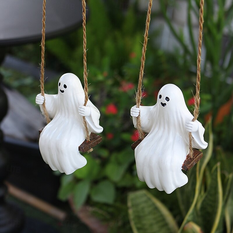 2PCS Halloween Resin Swinging Cute Ghost Decoration Hanging Ornaments, Spooky Outdoor Yard, Planter, Balcony, and Tree Decorations for Halloween3