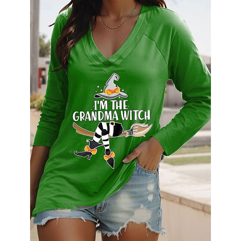 Halloween Women's T shirt Witch Long Sleeve V Neck Long Sleeve Graphic Casual Letter Vintage Stylish Classic Regular Tops Daily Print Blue Purple Orange Green Spring Fall Prefall2