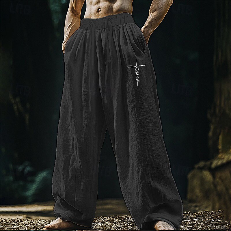 Men's Linen Pants Trousers Summer Pants Beach Pants Pocket Elastic Waist Drawstring Plain Comfort Breathable Vacation Daily Holiday Hawaiian Boho Black White2