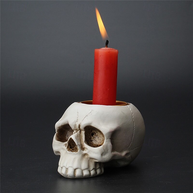 Halloween Resin Figurine 3D Skull Candle Holder Spooky Atmosphere Decor Resin Skeleton Head Ornament for Halloween Party Tabletop Display Gothic Candlelight Stand Accessory
