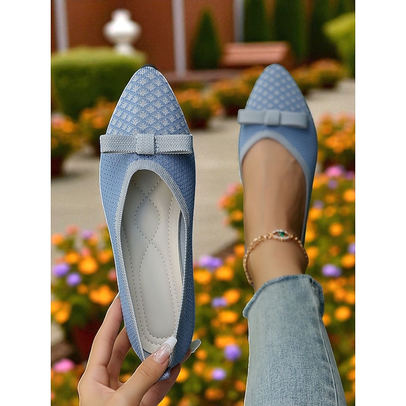 Women's Light Blue Flyknit Pointed Toe Flats with Bow - Breathable Casual Ballet Shoes for Ladies and Teens, Ideal for Spring, Garden Walks, and Daily Wear
