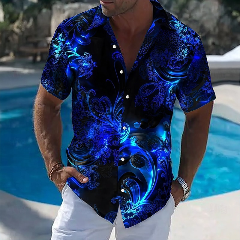 Men's Floral Print Neon Glow Flowers Summer Hawaiian Shirt Button Up Shirt Aloha Shirt Short Sleeve Hawaiian Vacation Beach Wear Summer Spring Turndown 3D Print Collared Shirts Black 1 Black