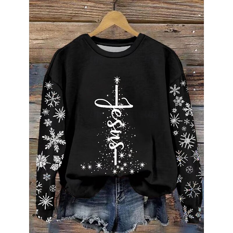Women's Sweatshirts Graphic Striped Snowflake Casual Long Sleeve Crew Neck Regular Tops Street Dailywear Casual Print Black Red Blue Green Fall Winter4