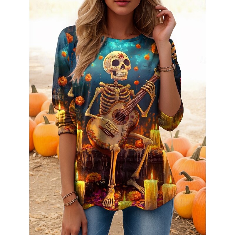 Halloween Women's T Shirt Skulls Crew Neck Long Sleeve Tunic Graphic Vintage Casual Regular Tops Daily Print Sage Green Blue Dusty Blue Spring Fall