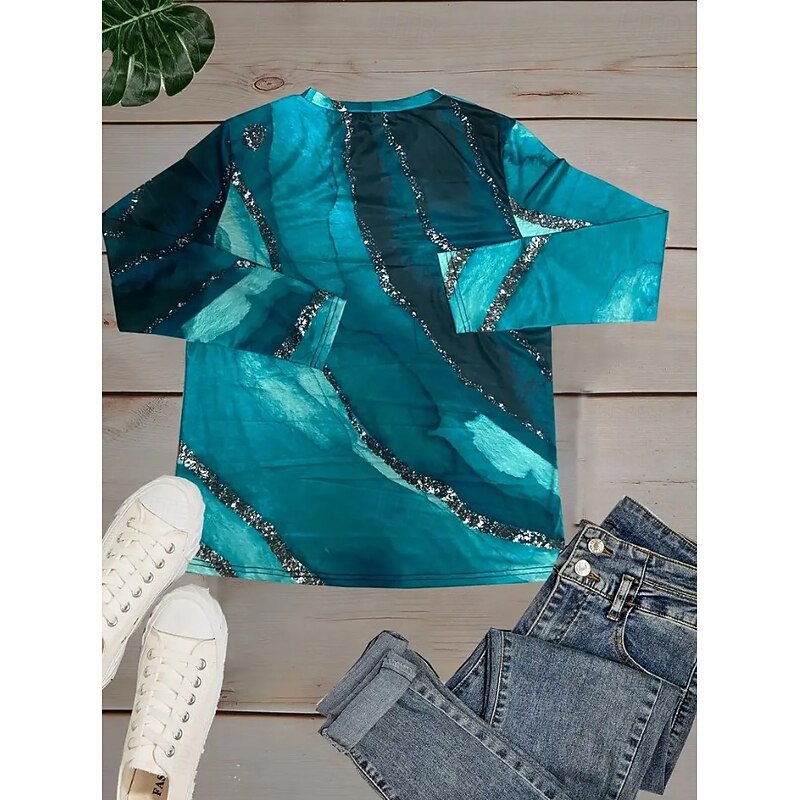 Women's T shirt Crew Neck Long Sleeve Tunic Ombre Graphic Abstract Vintage Stylish Classic  Regular Tops Daily Weekend Print Blue Orange Brown Spring Fall2