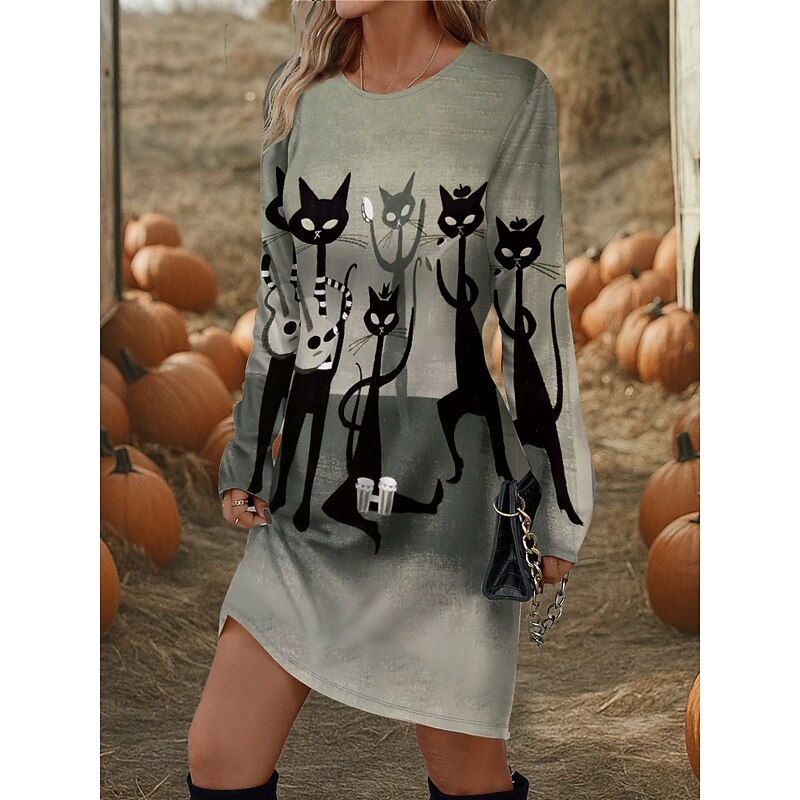 Halloween Women's Black Cat Print Mini Dress T Shirt Dress Tee Dress Shift Dress Dress Vacation Casual Party Daily Regular Fit Graphic Long Sleeve Crew Neck Purple Fuchsia Green Spring Fall Winter