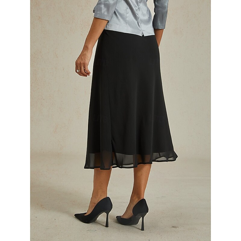 Women's Loose Elegant Midi High Waist Skirts Inelastic Black Summer Chiffon2
