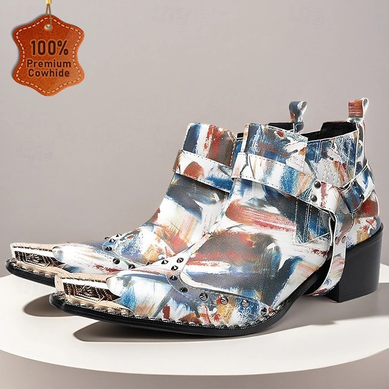 Men's Artistic Abstract Printed Double Monk Strap Shoes - Premium Cowhide Unique Design Shoes for Artistic and Creative Occasions