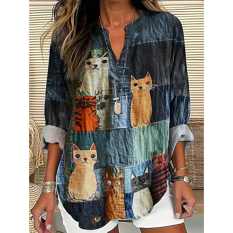 American Independence Day Women's Blouse Tunic V Neck Long Sleeve Boho Casual Tops Graphic Animal Flag Vintage Tropical Regular Tops Daily Wear Print Denim Blue Sky Blue