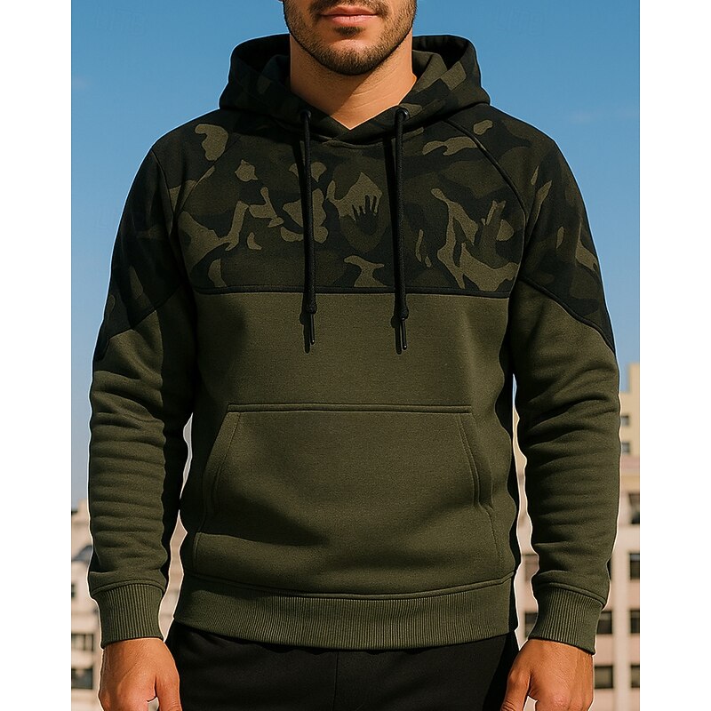 Men's Casual Tops Pullover Hoodie Sweatshirts Hooded Long Sleeve Top Athleisure Camo / Camouflage Sun Protection Windproof Hiking Workout Athletic Sportswear Activewear Black Army Green