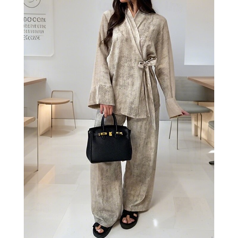 Women's Active Streetwear Blouse Pants Sets Long Sleeve V Neck Solid Color Lace up Daily Casual Daily Green Beige Fall Regular Fit3