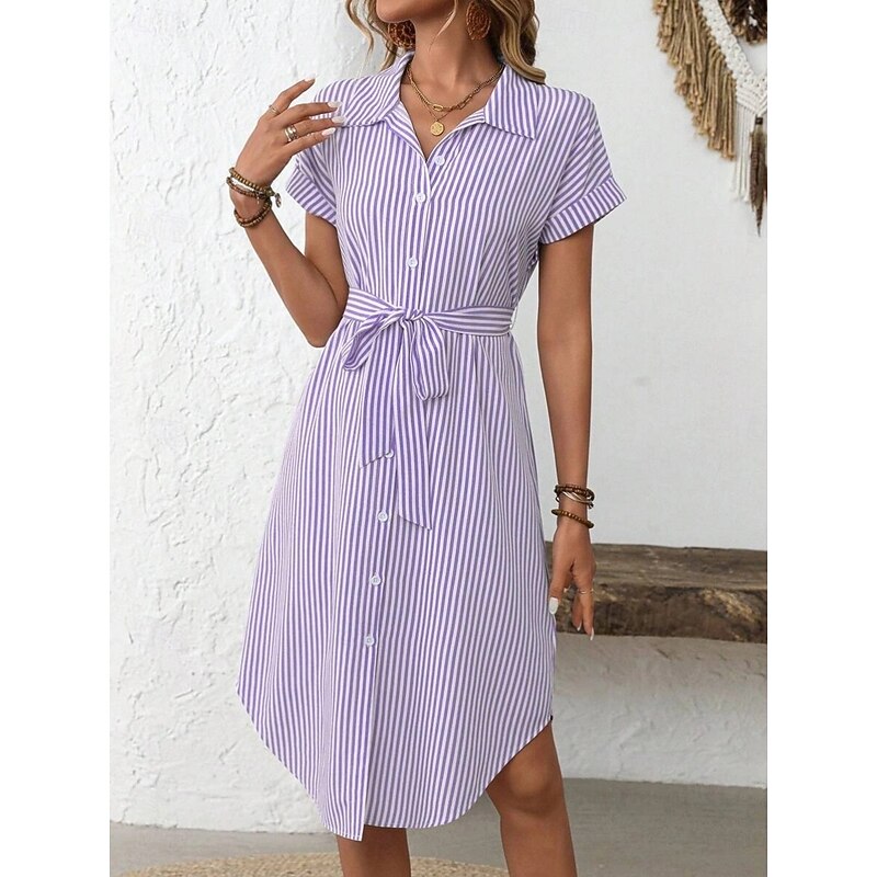 Women's Mini Dress Shirt Dress Casual Dress Summer Dress Fashion Modern Daily Beach Weekend Regular Fit Striped Short Sleeve Shirt Collar Purple Summer2