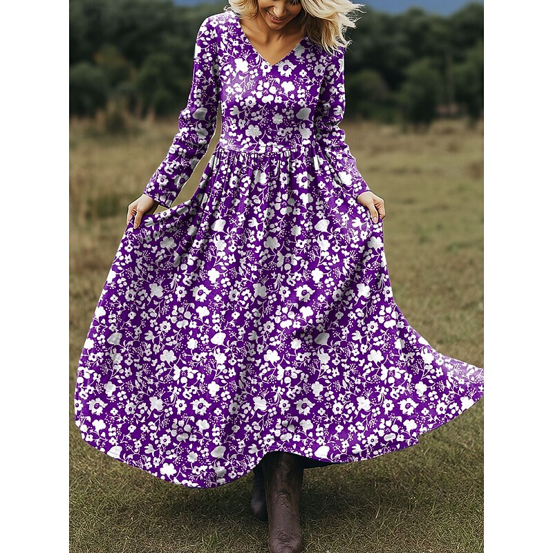 Women's Maxi Dress A Line Dress Vacation Casual Boho Beach Regular Fit Floral Graphic Long Sleeve V Neck Red Blue Purple Green Spring Fall4