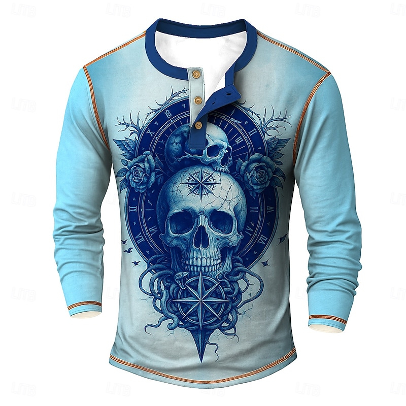 Men's Halloween Graphic Skull Cool Skulls Henley Shirt Tee Long Sleeve Vintage Fashion Designer Outdoor Casual Daily Fall Spring &  Fall Blue Green khaki Beige Henley Henley T-Shirt3