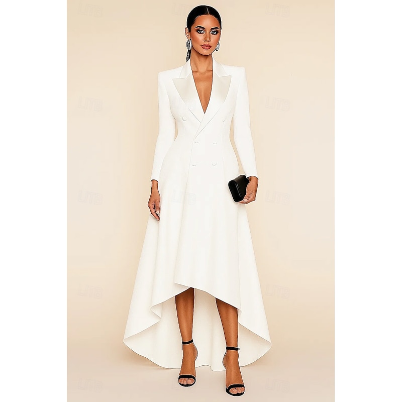 Tuxedo Dress A-Line High-low Dress Satin Elegant Simple Long Sleeve Floor Length Peak Lapel Double Breasted4