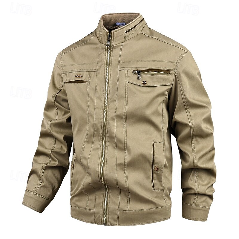 Men's Lightweight Jacket Cargo Jacket Casual Jacket Vacation Daily Warm Pocket Fall Winter Plain Fashion Classic Stand Collar Regular Light Khaki Khaki Jacket2