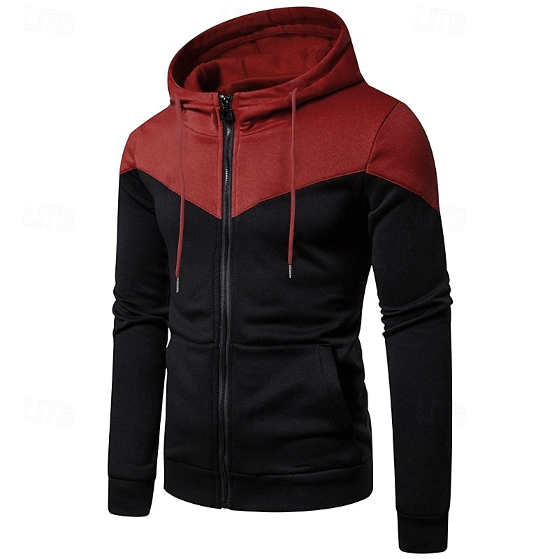 Men's Hoodie Full Zip Hoodie White Burgundy Navy Blue Gray Hooded Plain Patchwork Color Block Sports & Outdoor Casual Daily Streetwear Cool Designer Spring &  Fall Clothing Apparel Hoodies4